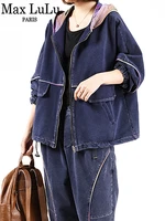 max lulu european blue denim zippers tops and pants 2022 outfits women hooded loose two pieces sets jackets female casual suits