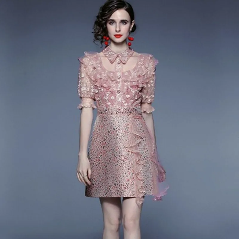 

2022 Summer Temperament Dress Women short Sleeve Embroidered Beaded High Waist Dress Jacquard Vestido