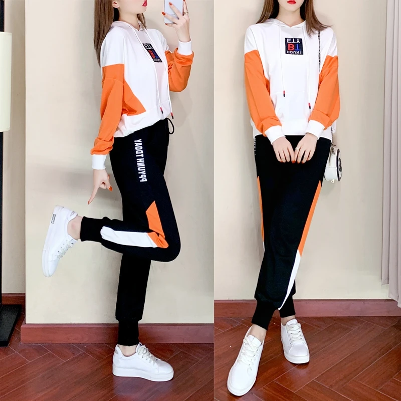 

Spring and Autumn New Fashion Color-blocking Casual Sports Suit Women's Loose Long-sleeved Trousers Two-piece Set Is Thin