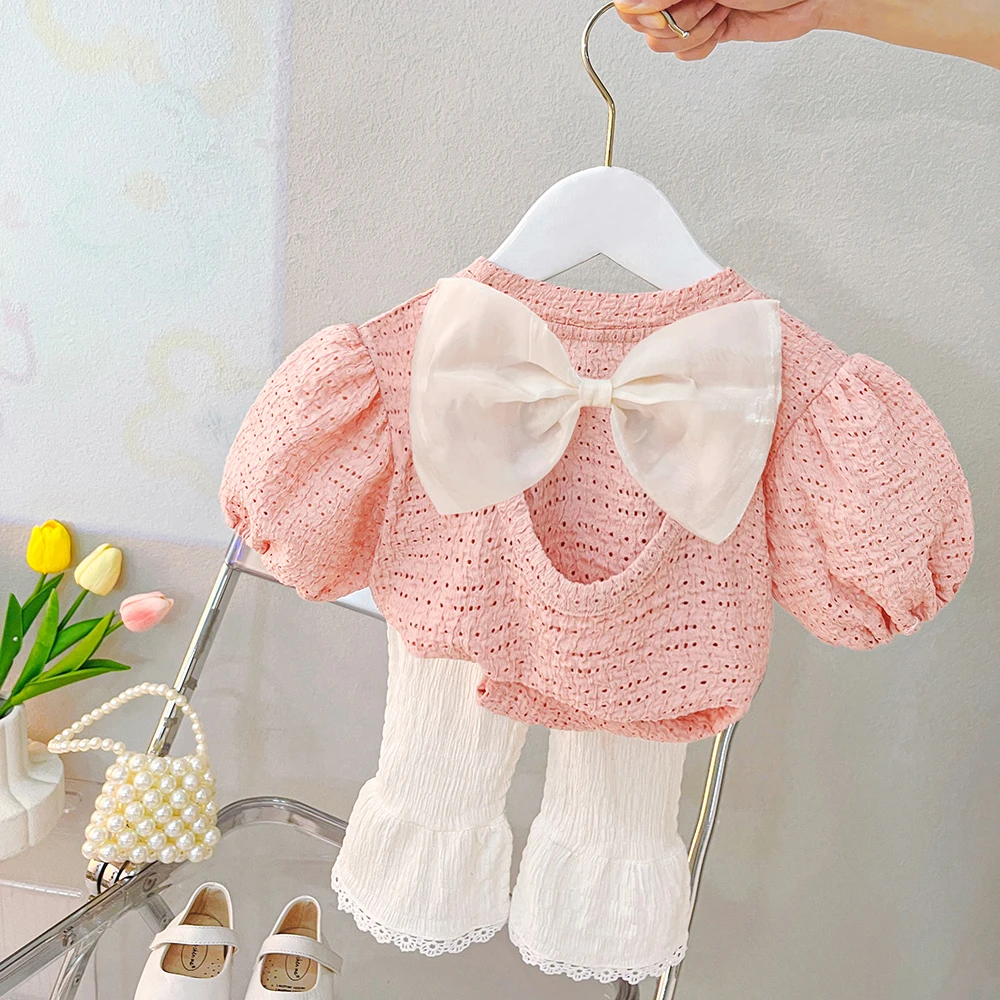 2023 Summer Children Clothing Sets Baby Girls Bow Tops Pants Kids Tracksuits Infant Outfits Beach Vacation Wear Princess Clothes