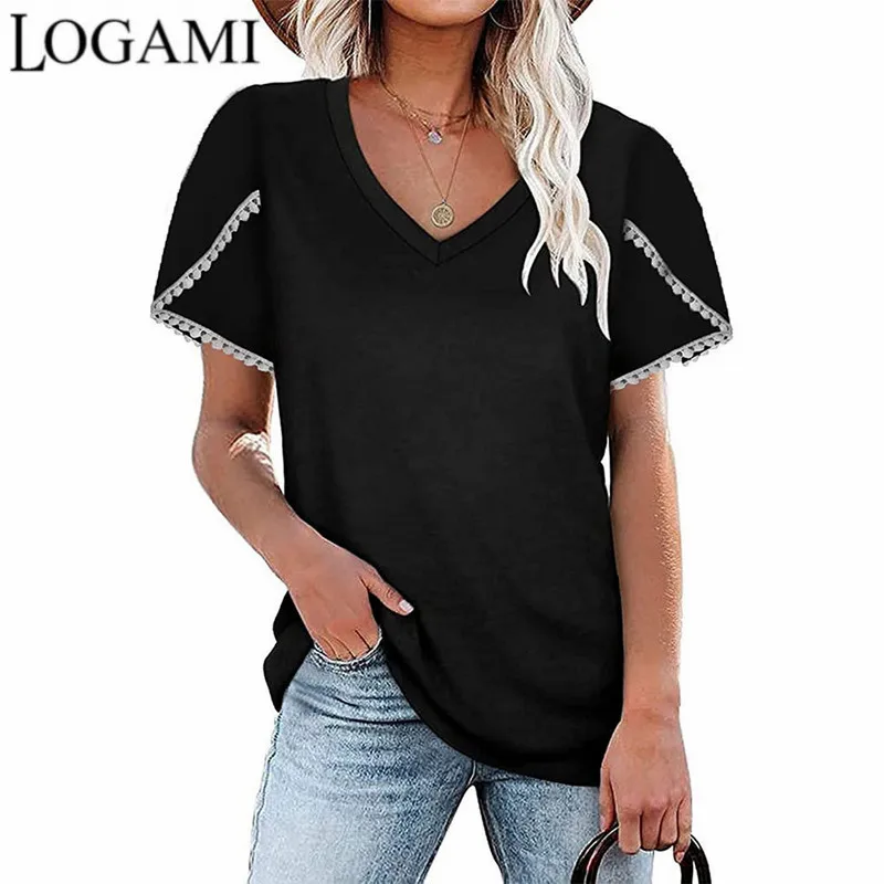 

Женская Однотонная футболка LOGAMI с V-образным вырезом и коротким рукавом, женские летние топы, Женская Повседневная футболка