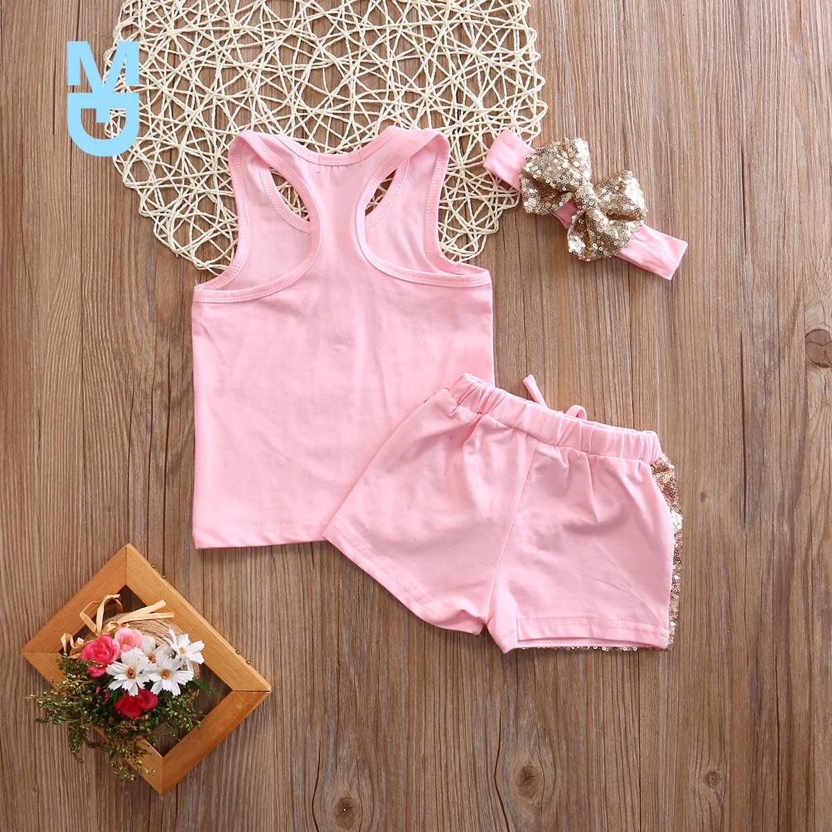 

New Cute born Baby Girls Letter Tops Rompers Vest + Sequin Pants Outfits + Headband 3Pcs Set Clothes