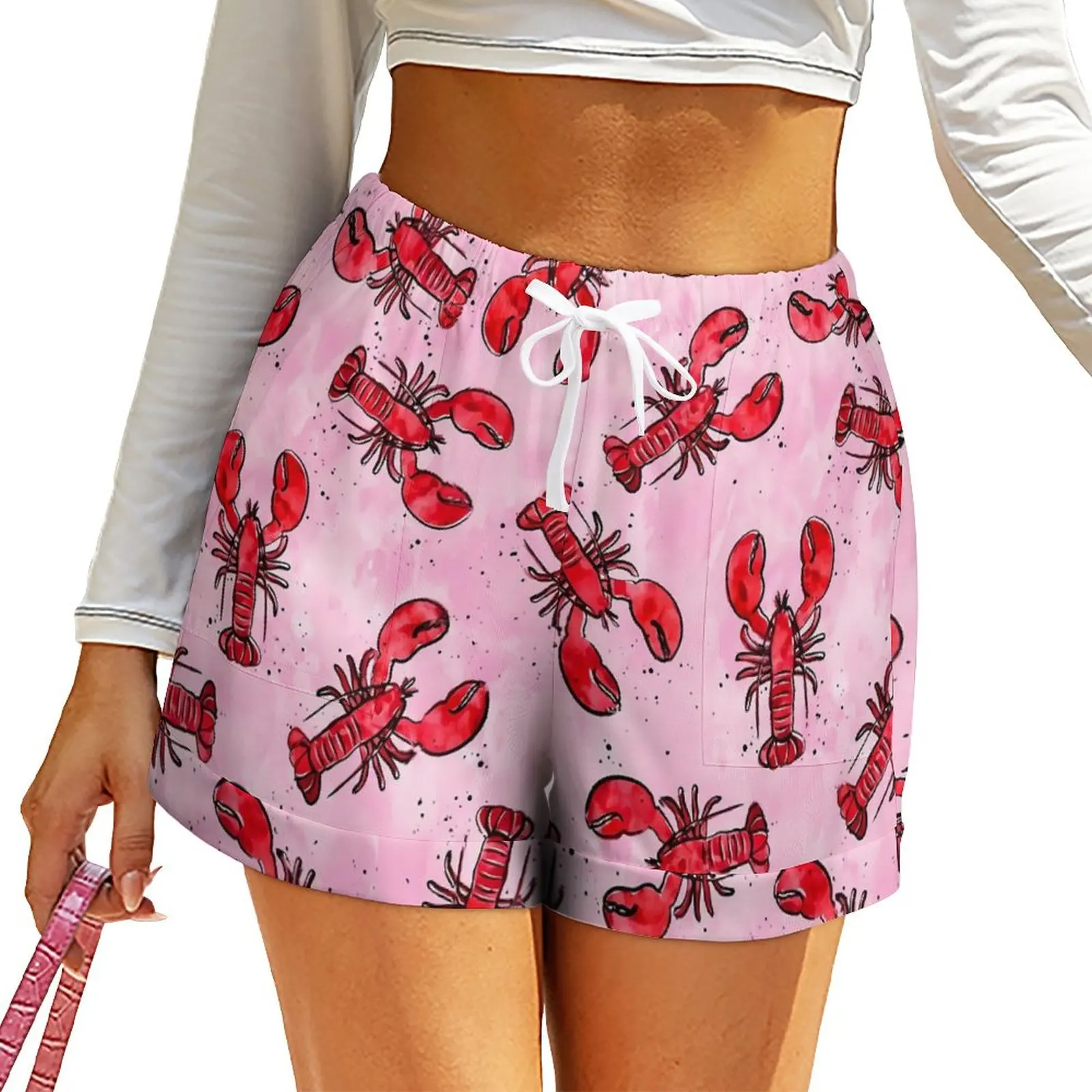 

Lobsters Shorts High Waist Red And Pink Design Shorts With Pockets Summer Trendy Oversize Short Pants Korean Fashion Bottoms