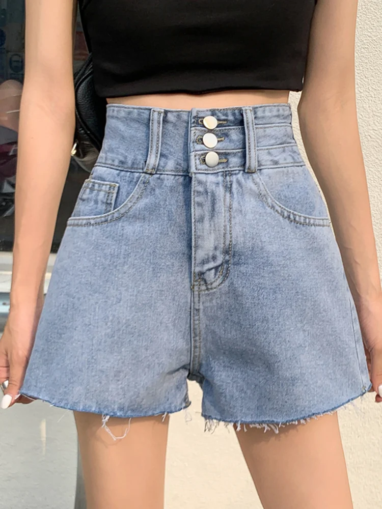 New Streetwear Women High Waist Loose Denim Shorts Spring Summer Female Frayed Button Jeans Shorts Bottoms