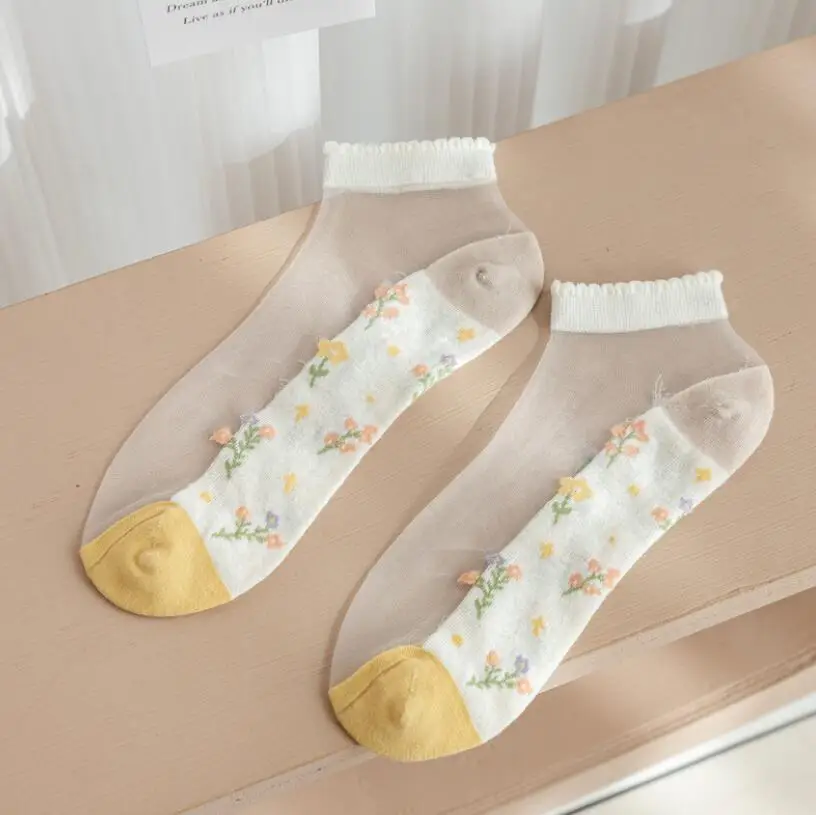 Summer Transparent Floral Socks for Women Cool Thin Mesh Crew Socks Light Crystal Striped Ankle Socks 5 Pairs/ Lot