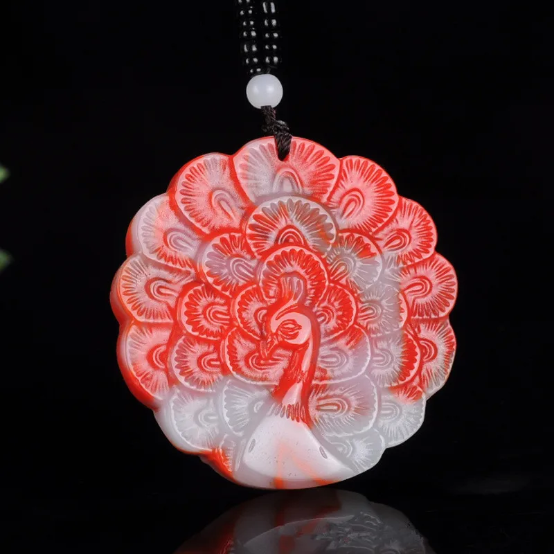 

Natural Chicken Blood Red Hand Carved Peacock Jade Pendant Fashion Boutique Men and Women's Chicken Blood Jade Peony Necklace