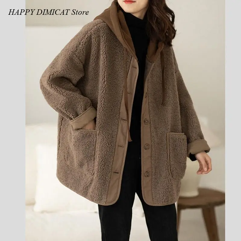 

Loose Wool Coat Autunno E Inverno Lamb Fleece Cappotto Donna Moda Nuovo Stile Splice Falso Maglione Due Pezzi Con Cappuccio