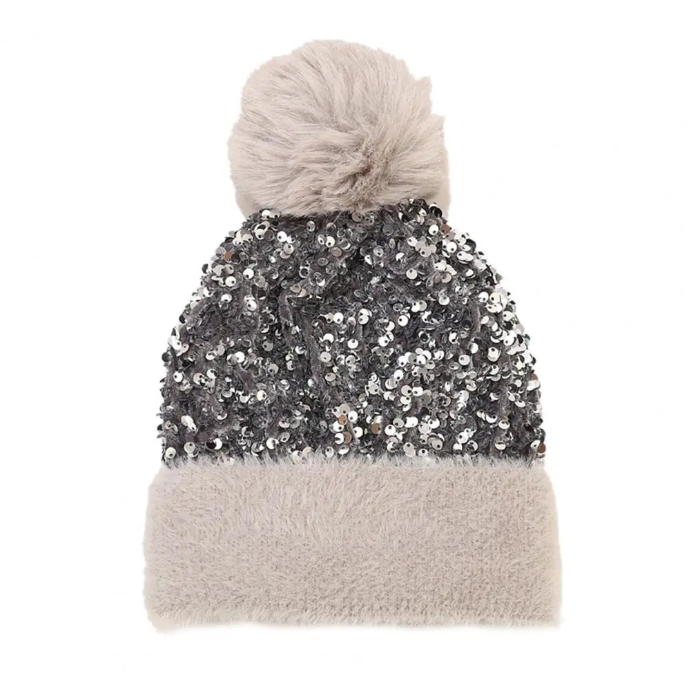 

Attractive Winter Beanie Thick Knitted Hat Sequins Removable Hair Ball Hat