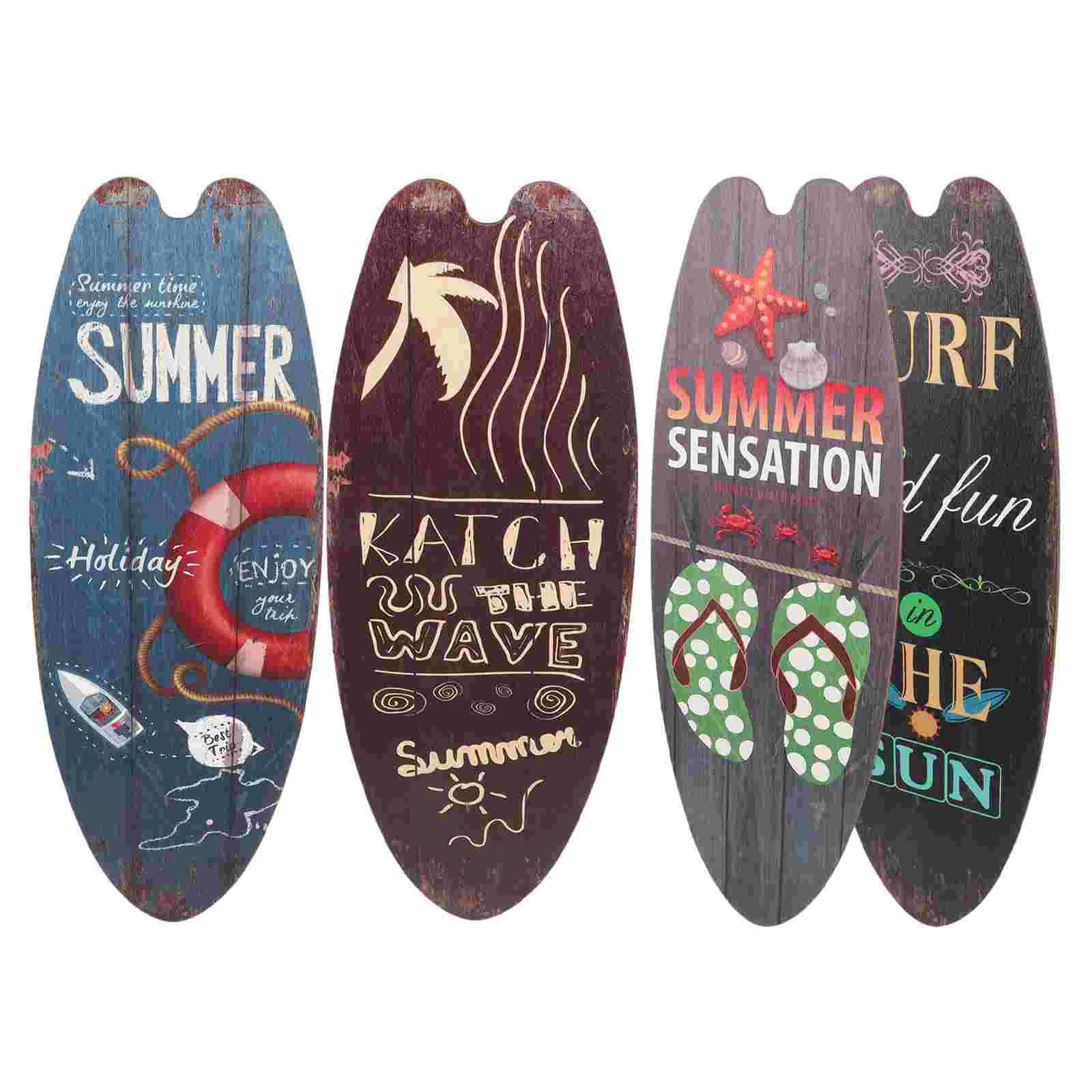 

4 Pcs Surfboard Wooden Sign Summer Beach Signs Wall Decoration Sculptures Home Party Decorations Listing Door