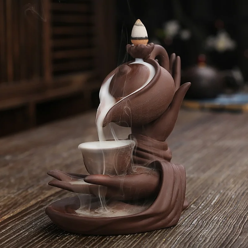 

New Peculiar Creative Home Decorations Zen Meditation Buddha Hand Lotus Tea Ceremony Backflow Incense Burner & Candle Holders