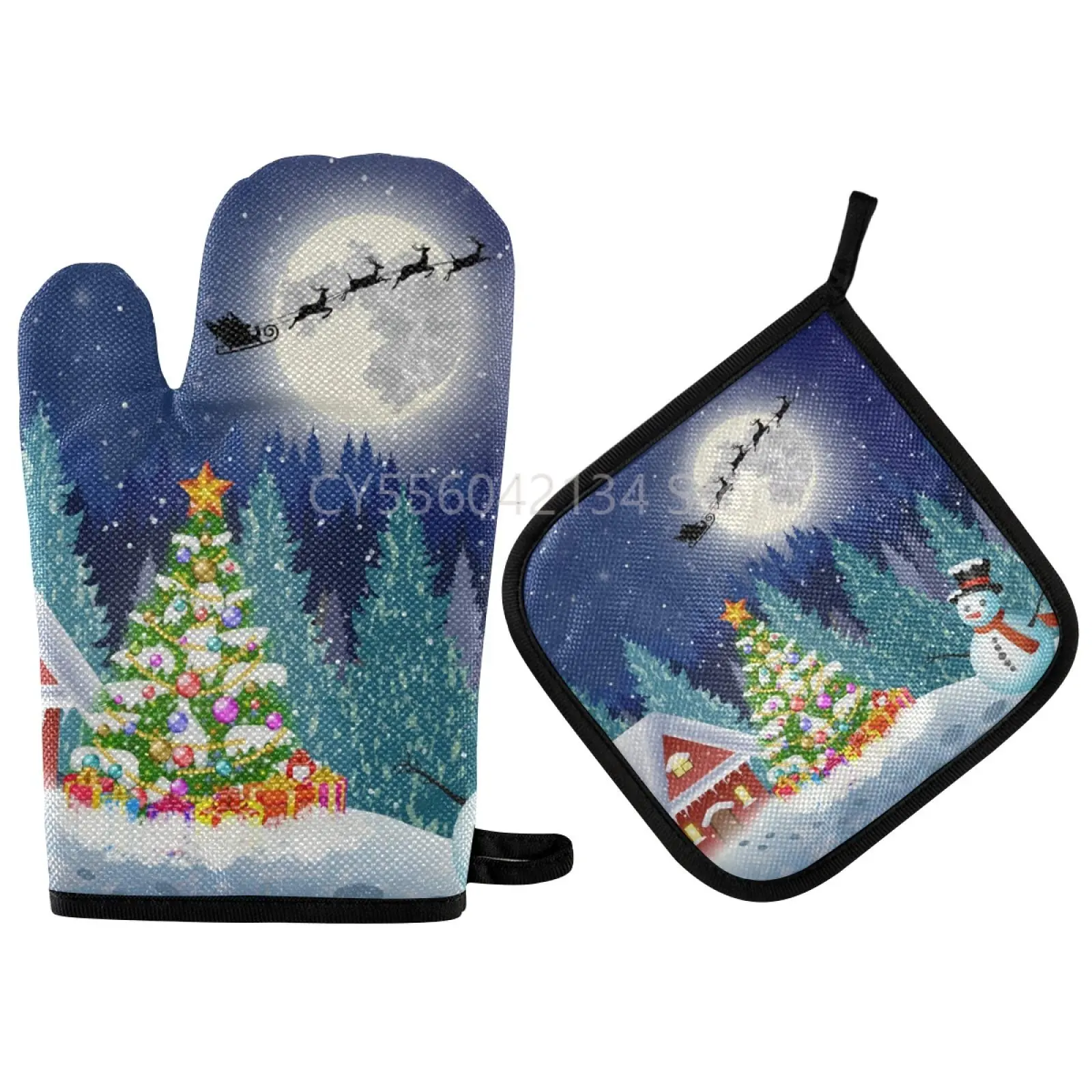 

Christmas Snowman Oven Mitts Pot Holders Winter Night Kitchen Heat Resistant Non-Slip Potholders Set for Cooking Baking BBQ