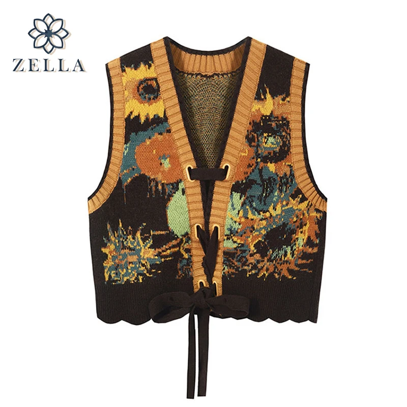

Осень 2022, женский свитер, жилет с V-образным вырезом и принтом подсолнухов, Свободный вязаный короткий кардиган без рукавов на шнуровке, трик...