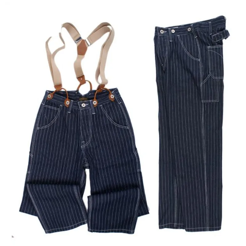 Men's Wide Leg Striped Jeans Cargo Denim Pants Motorcycle Suspenders Loose Male Clothing Bottoms