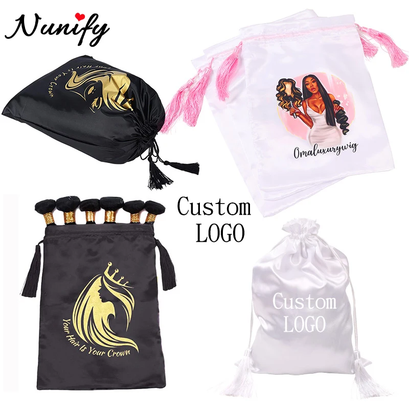 Nunify Wig Storage Bag With Tassel Wholesale Drawstring Bag For Hair Black Pink White Satin Hair Bag For Hair Extensions Wigs