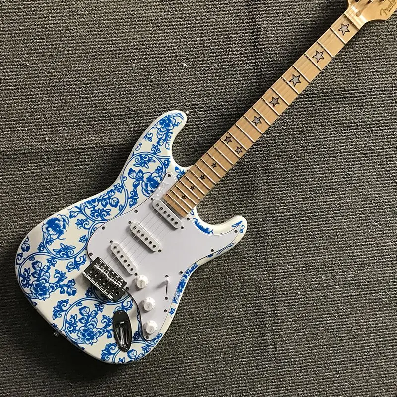 

Новая высококачественная 6-струнная электрическая гитара ST, сине-белая фарфоровая печать, гитары с 3S пикапами, Кленовая подставка, быстрая д...