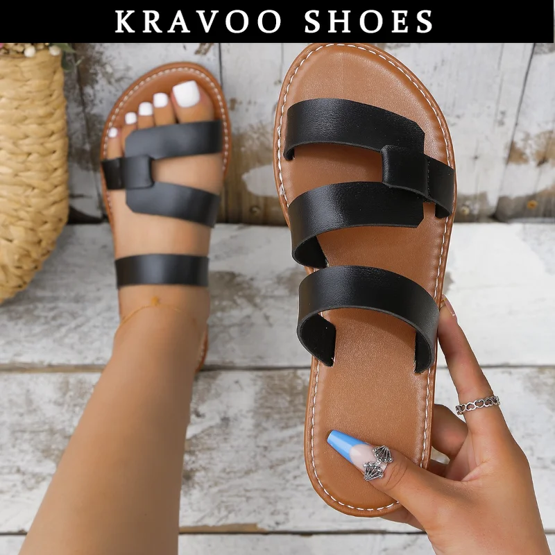 

KRAVOO Plus Size Women Shoes Roman Peep Toe Low Heels Slippers Women Sandals Narrow Band Beach Slides Ladies Shoes Summer 2023