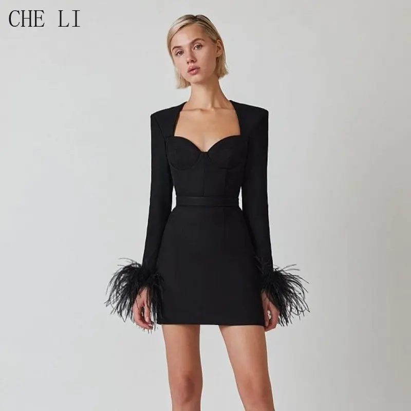 

Женское платье с длинным рукавом и страусиным ворсом, привлекательное облегающее короткое платье, женская одежда на день рождения