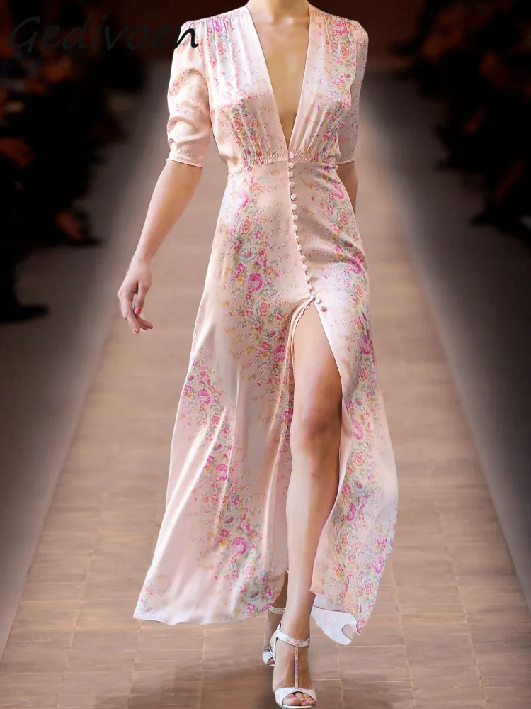 Gedivoen Fashion Runway Summer Vintage Slim  Dress Women's Deep V-Neck Single Breasted Elastic Waist Slit Pink Print Midi Dress