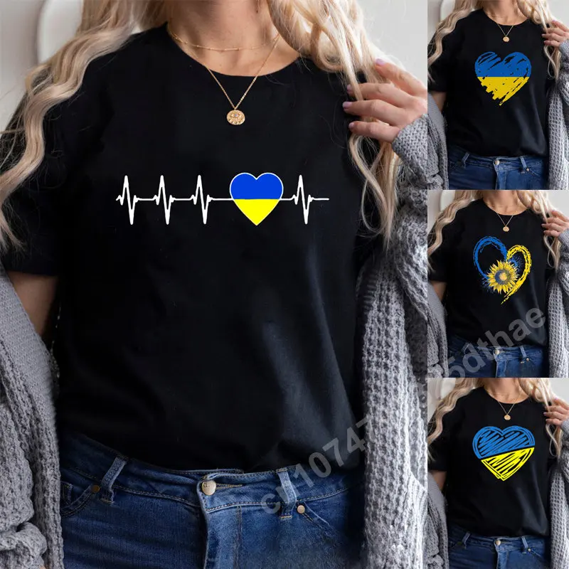 

Heartbeat Blue Yellow Women Print T-shirt Girl Y2K Short Sleeve Tee Lady 90S Tops Female Harajuku Clothing Casual Summer T Shirt