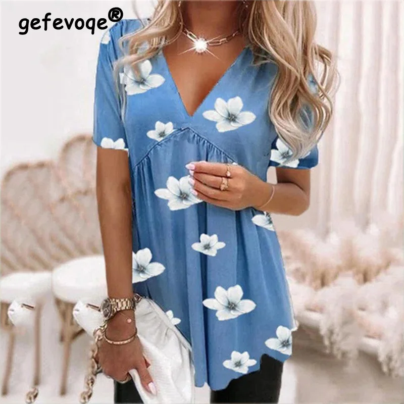 

2022 New Summer Fashion Casual V-neck Short Sleeve Floral Print Ruffled Tees T Shirt Women Loose Tunic Top Female Clothing S-3XL