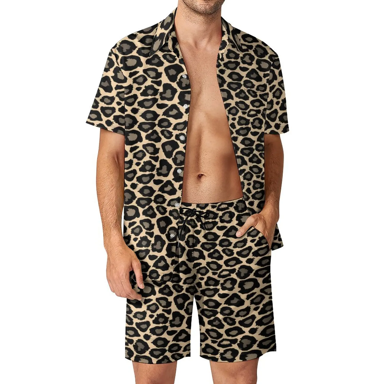 

Funky Leopard Print Beach Men Sets Black And Tan Casual Shirt Set Summer Printed Shorts 2 Piece Hawaiian Suit Plus Size 2XL 3XL