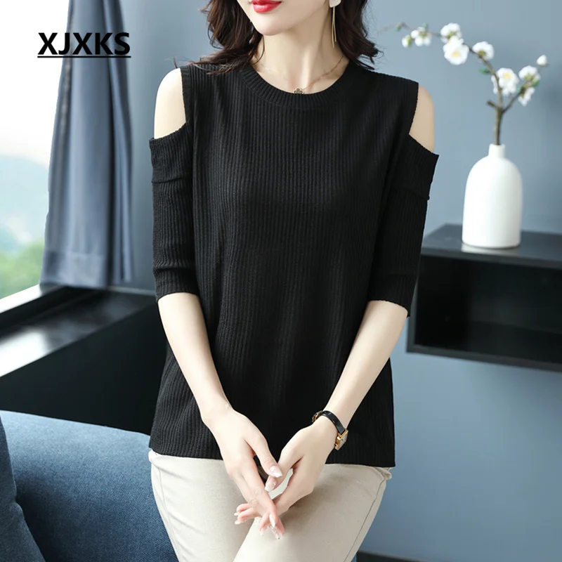 

XJXKS, Новинка лета 2022, короткий топ с круглым вырезом и коротким рукавом, высококачественный Повседневный пуловер на пуговицах, женская футболка