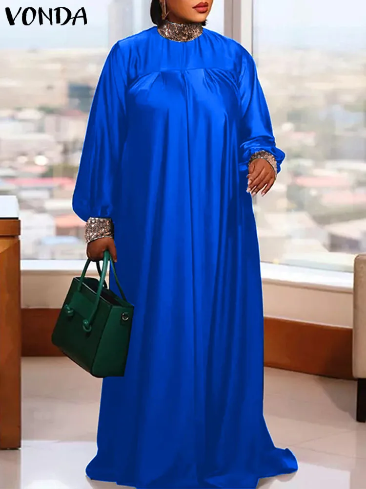 Plus Size Women 2023 Summer Maxi Dress VONDA Elegant Satin Sundress Lantern Sleeve Patchwork Stand Collar Pleated Party Robe
