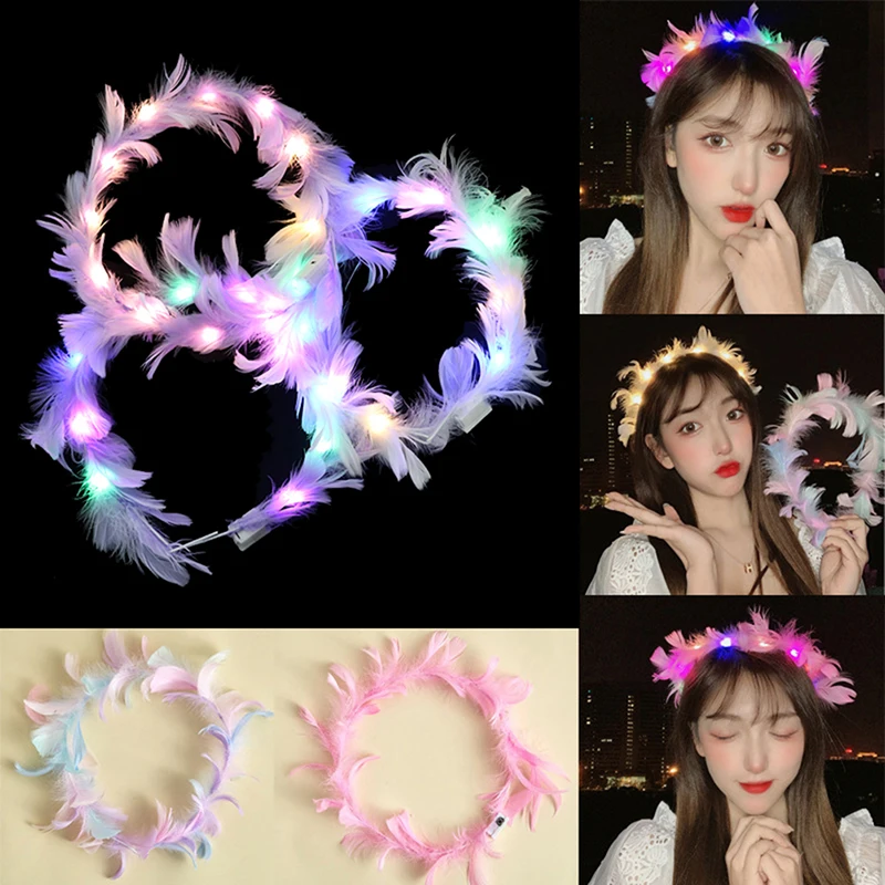 

LED Feather Wreath Crown Light-Up Luminous Headdress For Women Girls Wedding Christmas Glow Party Decoration