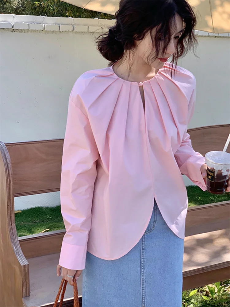 

Женская плиссированная рубашка с круглым вырезом, розовая Однотонная рубашка с длинным рукавом, простые блузы в Корейском стиле, весна-осень 2023, новые женские Рубашки, Топы M543