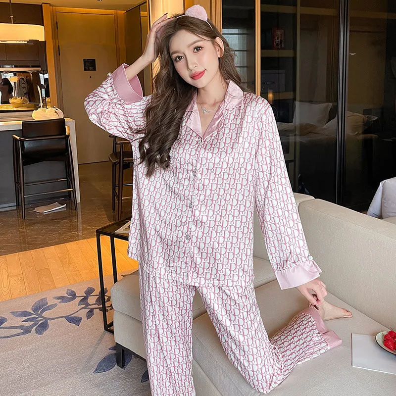 New Elegant Ladies Faux Silk Polyester Dots Pajama Sets Sexy Homewear Women Casual Luxury Pajamas Thin Pajamas Female Sleepwear
