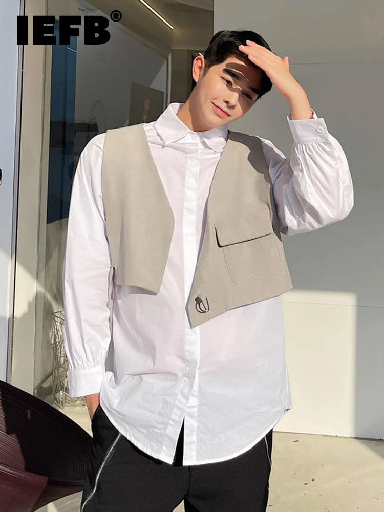 

IEFB Shirt + Waistcoat Shoulder Two Piece Contrast Color 2022 Solid Color Long Sleeve Turn-down Collar Male Tops 9A4455