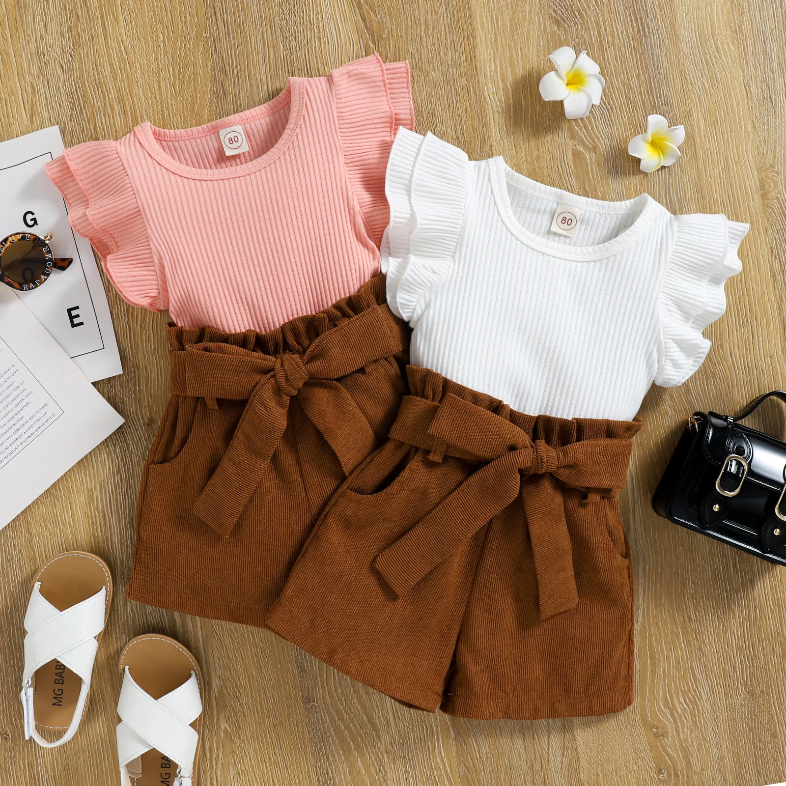 

Neonatus Girls Clothing Sets Summer New Pit Stripe Ruffle Sleeve Tops + Corduroy Bow Shorts 2Pcs Baby Girl Clothes Suits 6M-3T