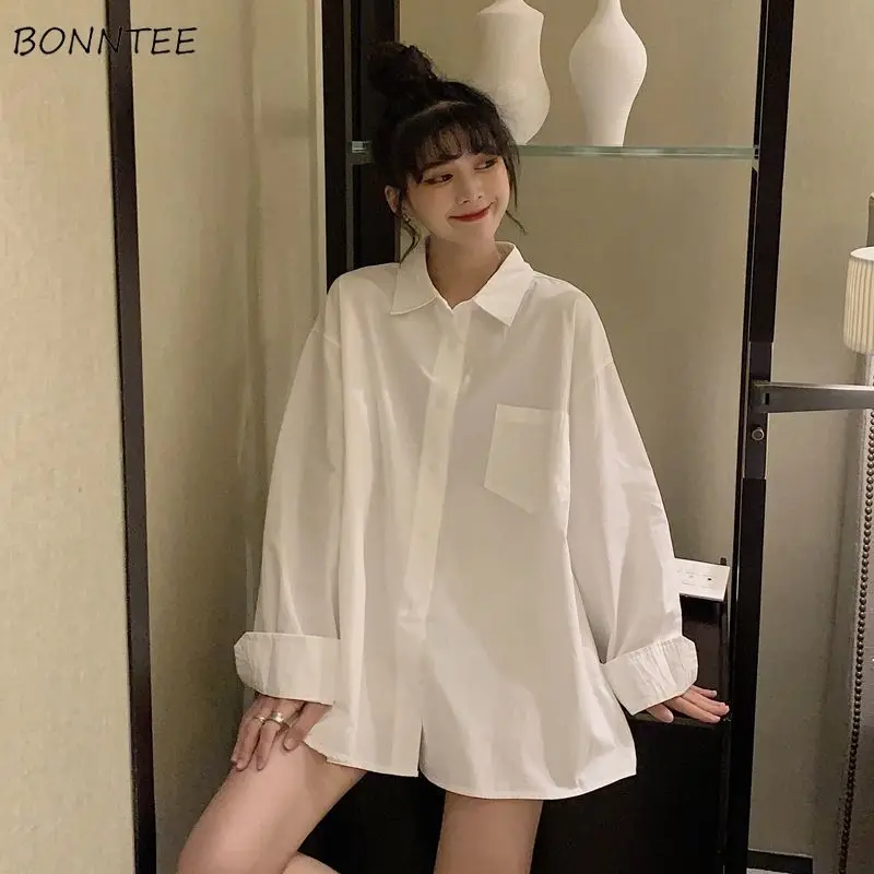 

Shirts Women Solid Pockets Retro Basic All-match Streetwear BF Ulzzang Casual Chic Ins Cozy Long Sleeve Рубашки Top College New