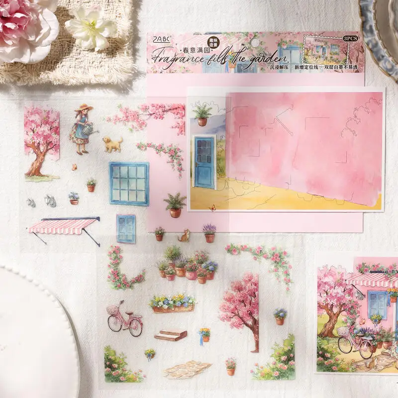 Фото Набор из 3 наклеек Card Lover [Серия Floating Light Atlas] с пейзажами для уютной комнаты: утренние цветы, дом, весенний сад, двор №3