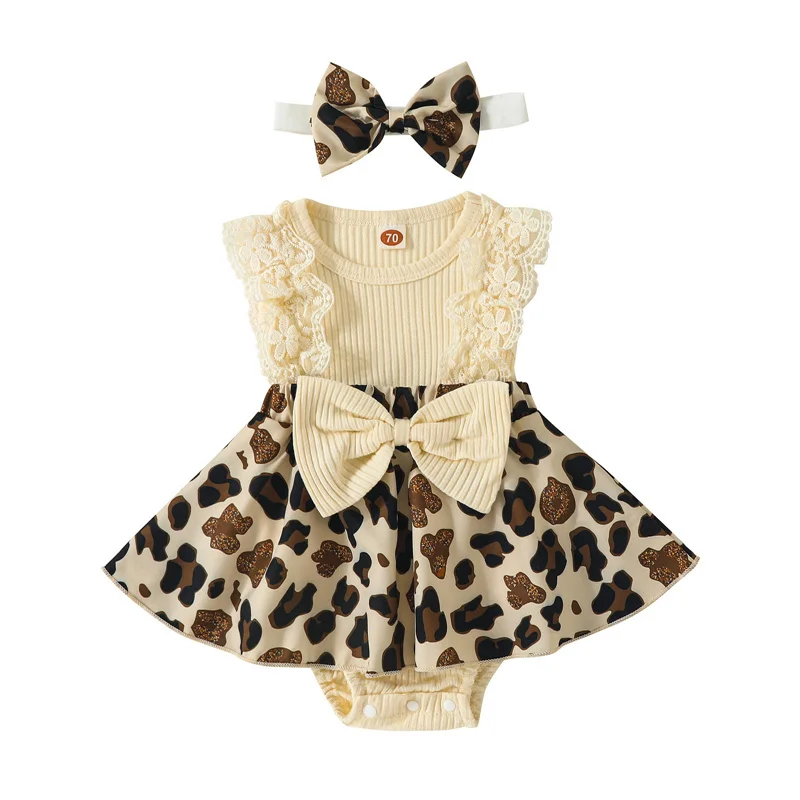 

Baby Girls Romper Dress with Headband Set Summer Lace Ruffles Sleeveless Leopard Print Patchwork Ribbed Playsuits Infant 0-18 M