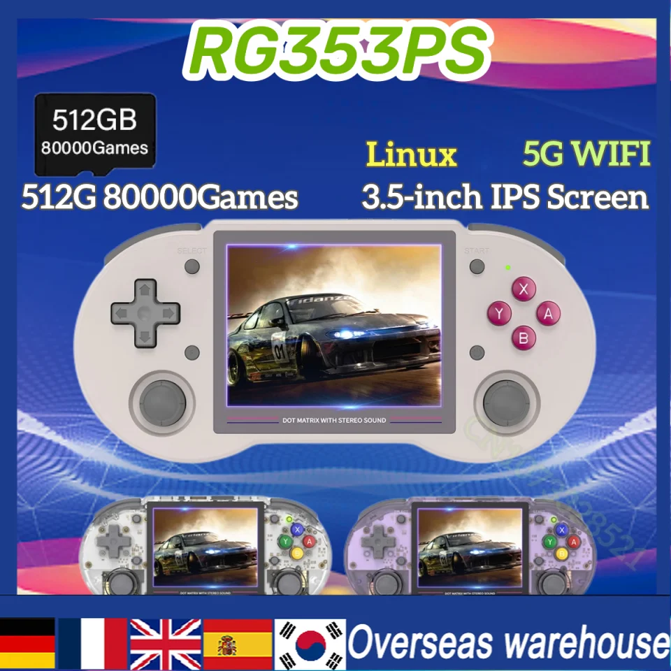 

512G 80000Game RG353PS ANBERNIC Handheld Game Console 64Bit Linux System2.4G/5G Wifi 3.5"IPS HDMI Compatible Bluetooth Video PSP