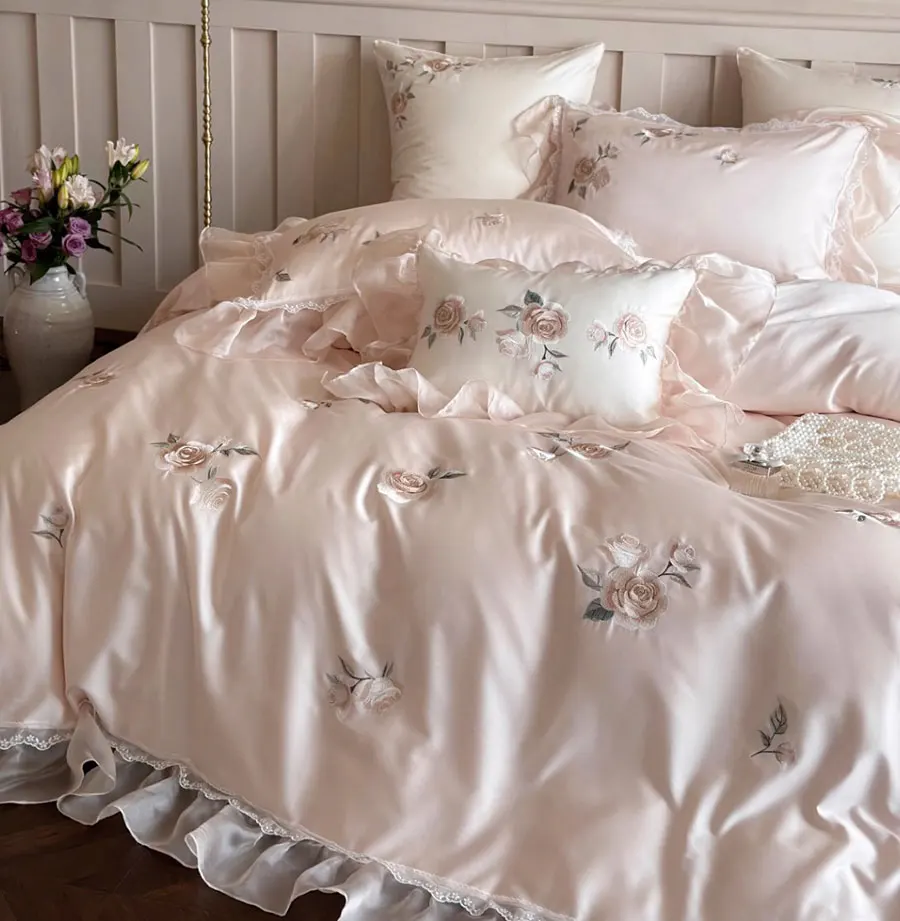 Комплект постельного белья Fairyfair с вышивкой в виде цветка розового кремового