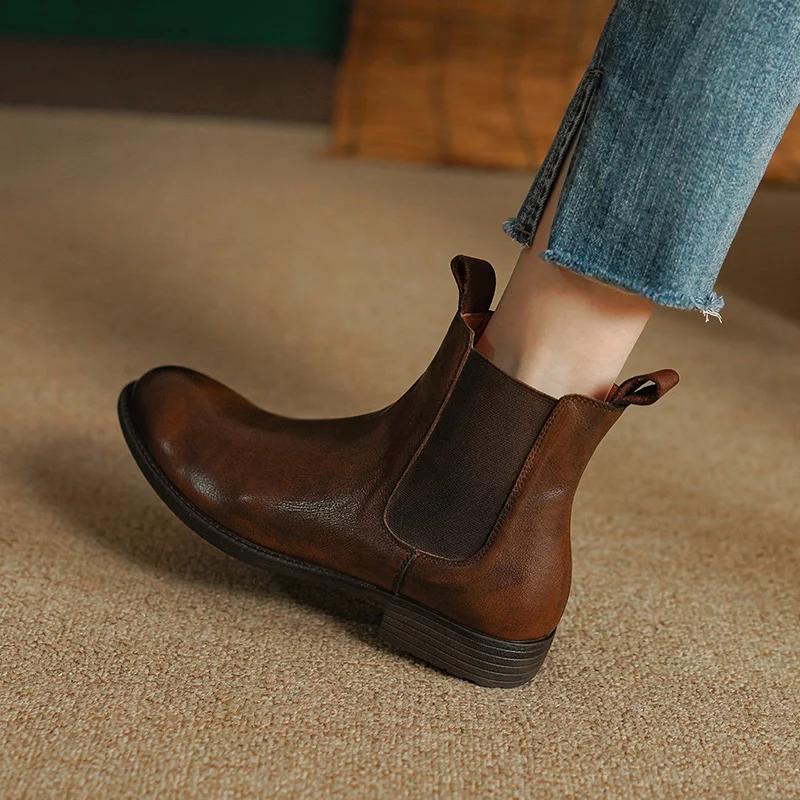 

Ботинки женские короткие без застежек, ботинки челси из воловьей кожи, круглый носок, низкий каблук, Ретро стиль, зимняя обувь, весна-осень