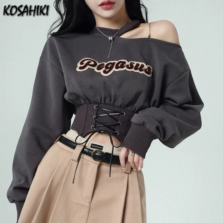 

Spring Autumn Fashion Vintage Crop Hoodies Women Y2k Sexy Off Shoulder Long Sleeve Tops Harajuku Bandage Sweatshirt