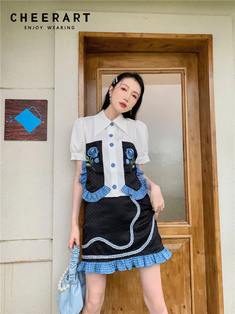 

CHEERART Two Piece Sets Womens Outifits Desinger Puff Sleeve Crop Top And Skirt Designer Matching Shirt And Skirt Set Clothing