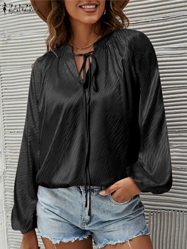 

Women Casual Long Sleeve Striped Printed Blouse ZANZEA Vintage Loose V Neck Shirt 2022 Satin Office Lace Up Chemise Oversize Top