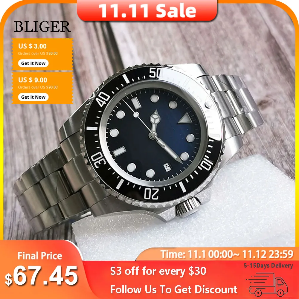 Pаспродажа Мужские Большие механические часы BLIGER SEA Blue Black Dial 43 мм, вращающаяся рамка с керамической вставкой, 24 Драгоценности NH35A MIYOTA 8215, ремешок для уст...