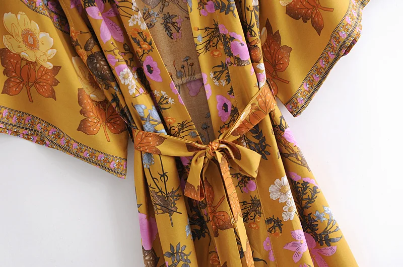 Женское пляжное кимоно с цветочным принтом V-образным вырезом и рукавом летучая