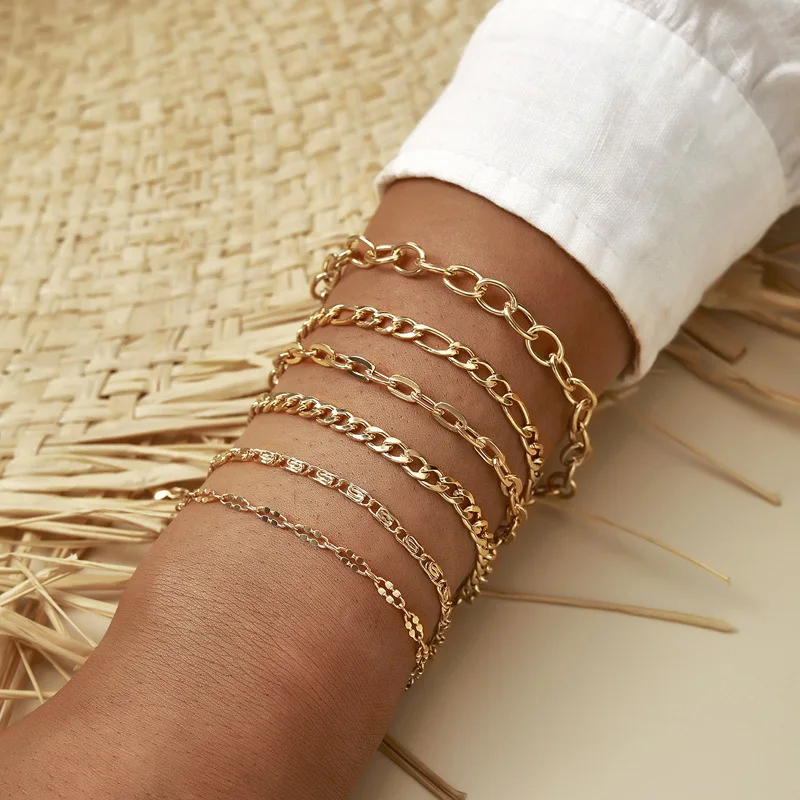

Gifts Jewelry Cuban Chain Gold Plated Female Stainless Steel Women's Accessories Ins Style Bohemian 6pc Bracelet For Girl