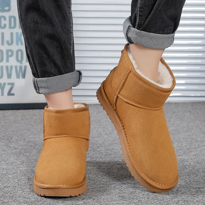 

Мужские зимние ботинки без застежки, коричневые ботильоны с круглым носком, на низком каблуке, теплая обувь для снега, 2023