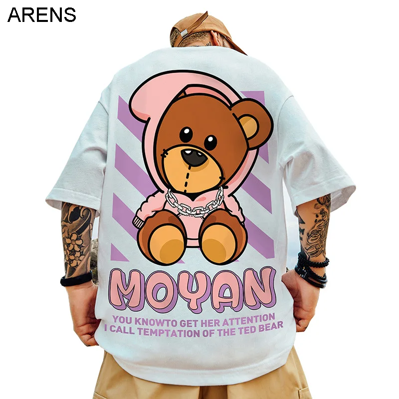 

ARENS Harajuku Style Short-sleeved T-shirt Male Loose Large Size Ins Couple TeesTide Five-point Sleeve Summer Bear Print Tops