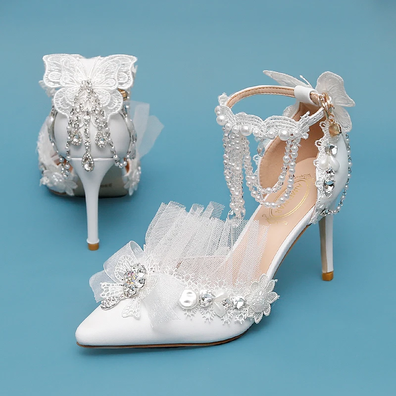 

Летние белые кружевные жемчужные свадебные туфли стразы на шпильках свадебные туфли банкетное платье Универсальные женские сандалии большого размера на заказ