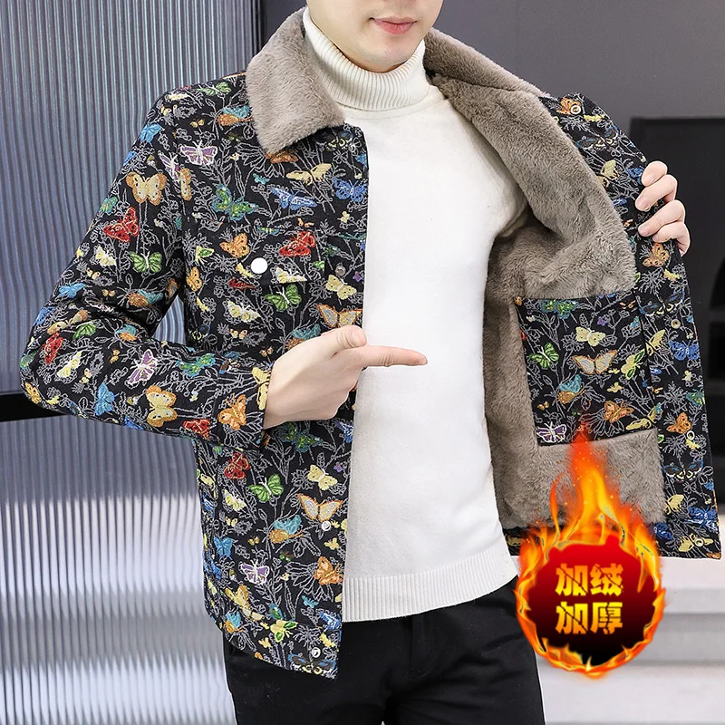 Корейские зимние мужские куртки с принтом бабочек плюшевые плотные теплые