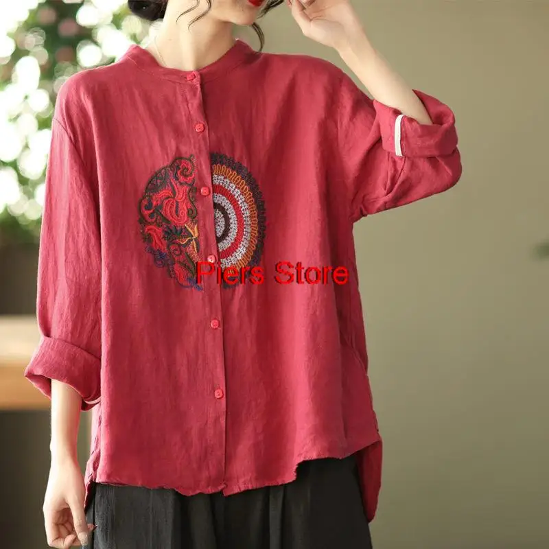 Женская рубашка с вышивкой белая Свободная из хлопка и льна в китайском стиле