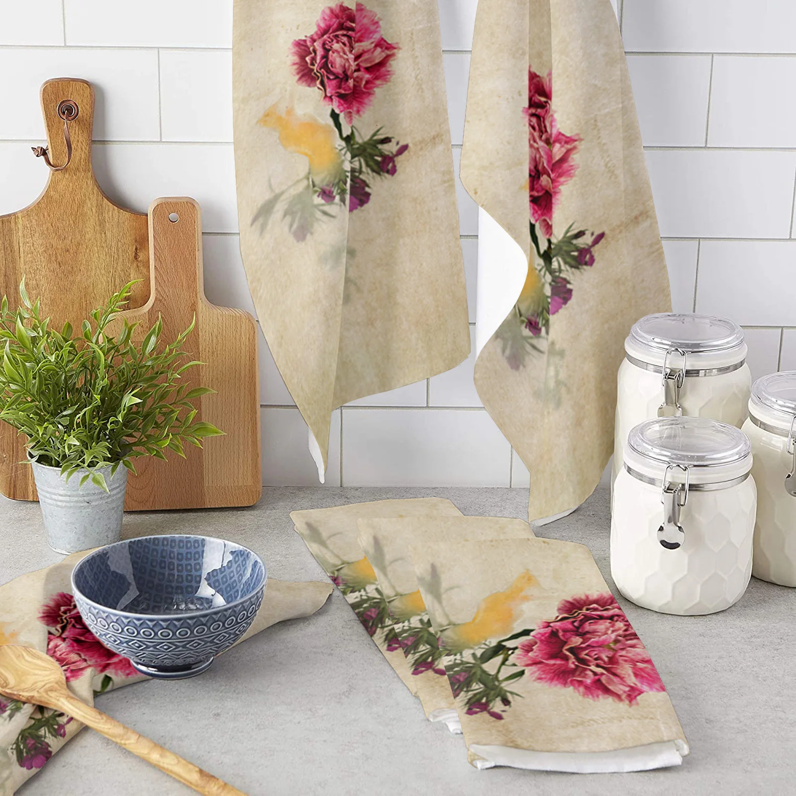 

Vintage Rice Paper Carnation Kitchen Towel Cleaning Cloth Microfiber Soft Household Super Absorbent Dish Washing Cloth